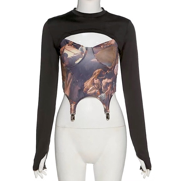 2 Piece Renaissance print top & long sleeve mesh top - Picture 6 of 12